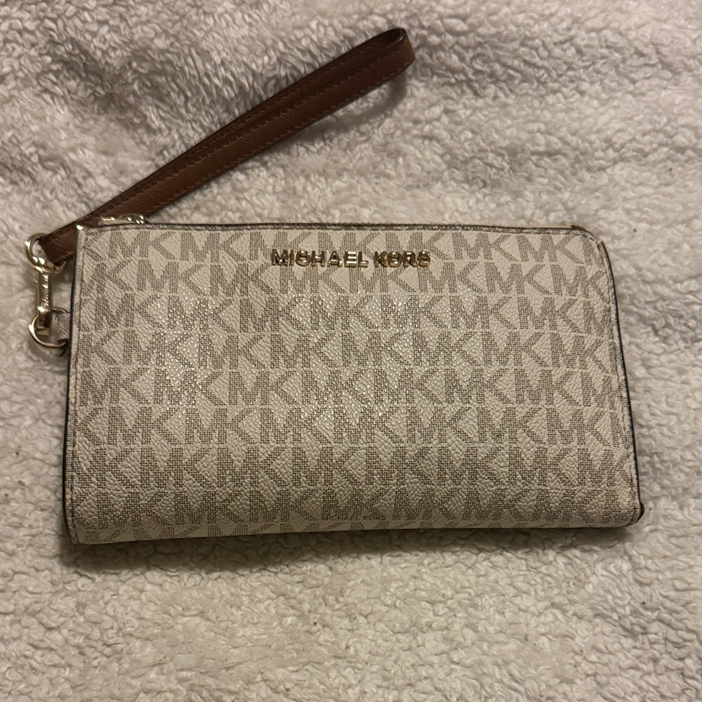 Michael Kors Beige and Brown MK Logo Wristlet Wallet